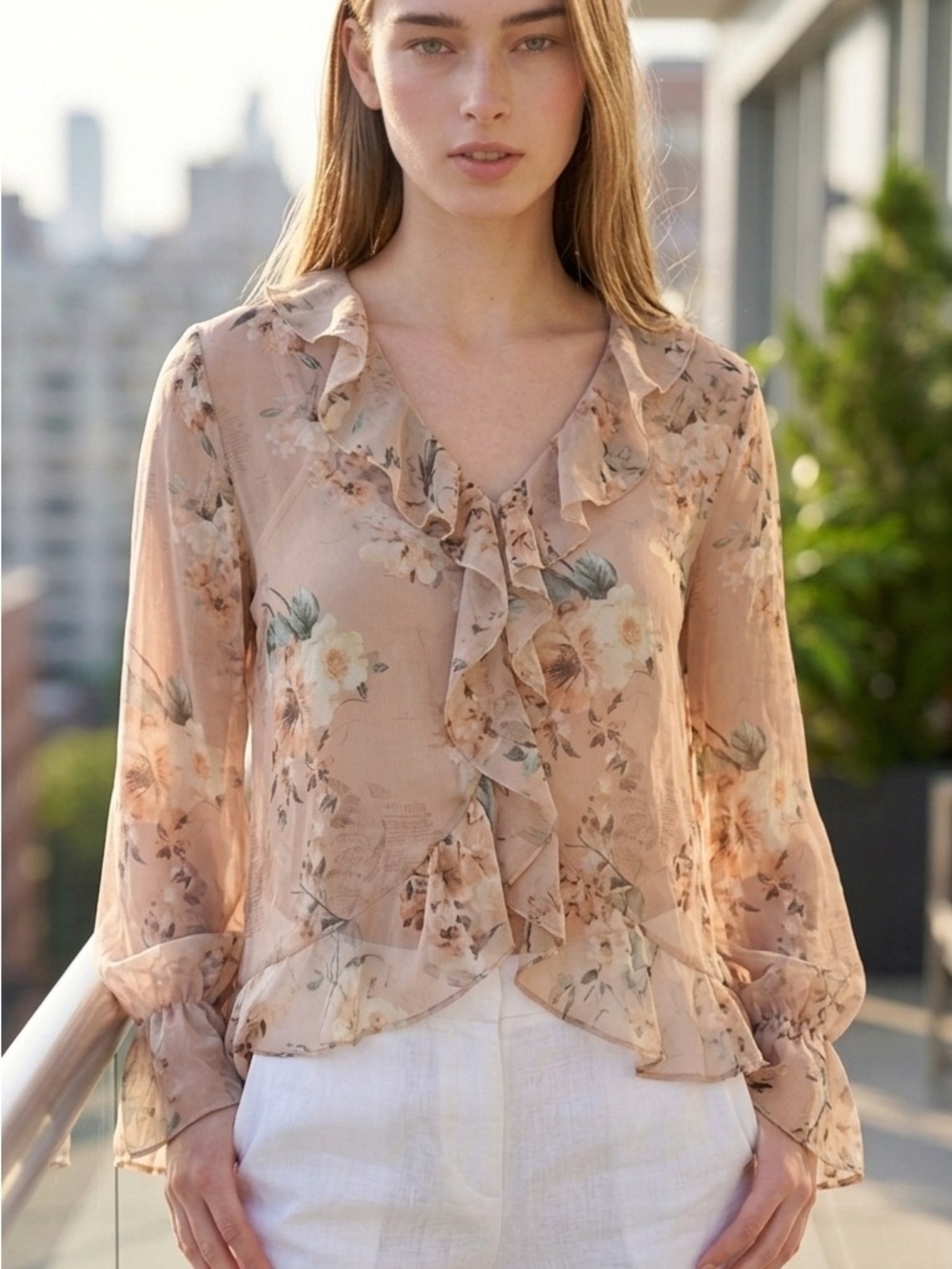 Miley + Molly Taupe Sheer Tie Front Blouse